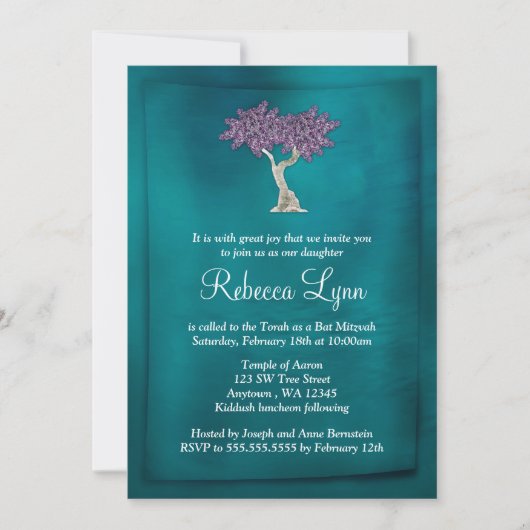 Lila Aquamariner Baum Bat Mitzvah Einladungen (Vorderseite)
