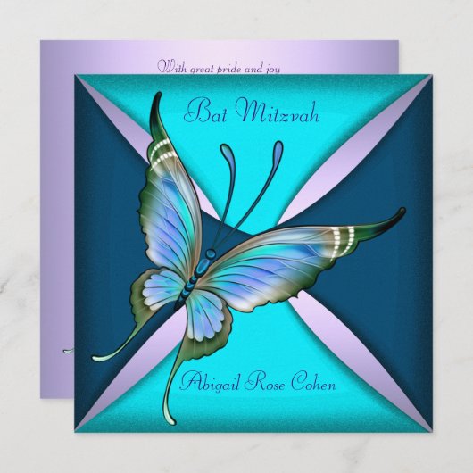 Lila Aquamariner Blauer Schmetterling Bat Mitzvah Einladung (Vorne/Hinten)