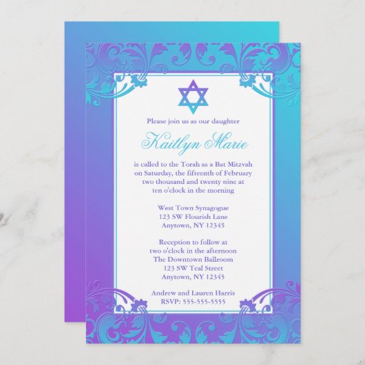 Lila Aquamariner Blüh Bat Mitzvah Einladungen (Vorne/Hinten)