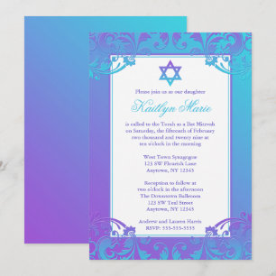 Lila Aquamariner Blüh Bat Mitzvah Einladungen