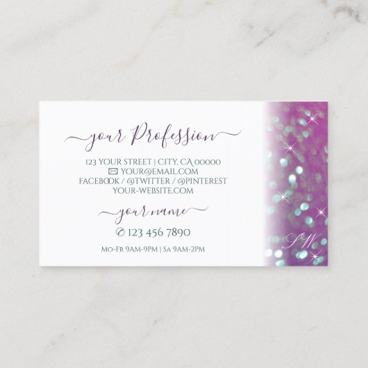 Lila Aquamariner funkelnder Glitzer-Initialen von Visitenkarte (Rückseite)