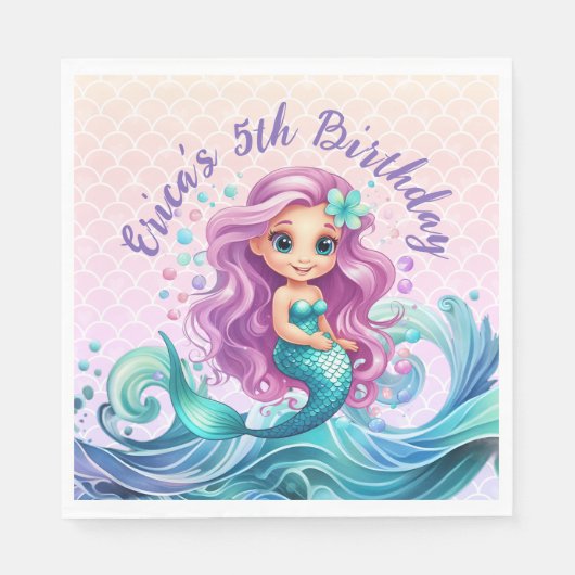 Lila Aquamariner Meerjungfrau Wasserfarbe Geburtst Serviette (Vorderseite)