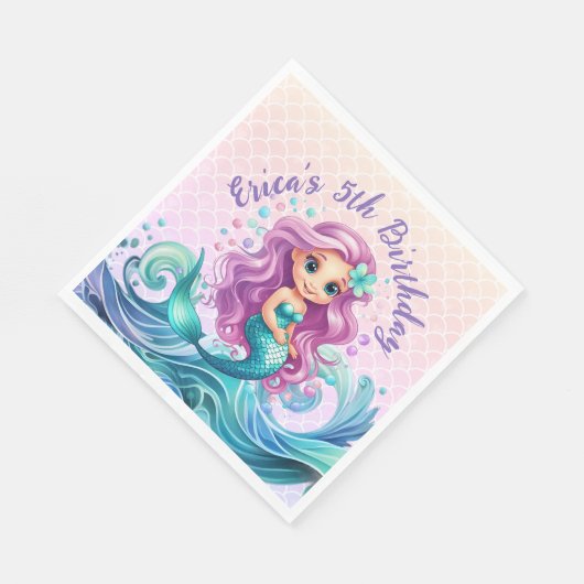 Lila Aquamariner Meerjungfrau Wasserfarbe Geburtst Serviette (Ecke)