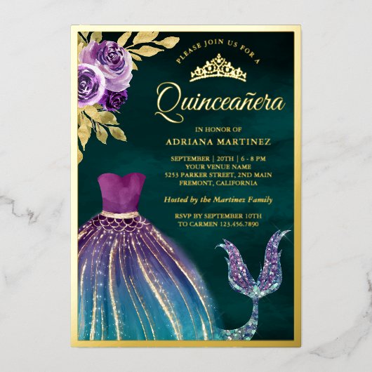 Lila Aquamariner Mermaid Schwanz Dark Quinceanera Folieneinladung (Vorderseite)