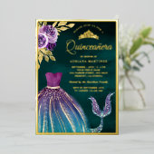 Lila Aquamariner Mermaid Schwanz Dark Quinceanera Folieneinladung (Stehend vorne)