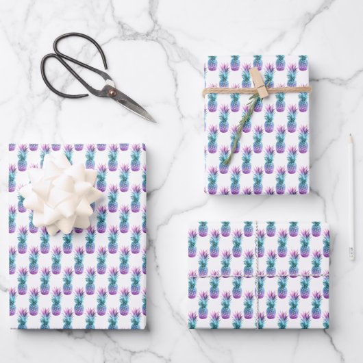 Lila Aquamarines Ananas-Muster Geschenkpapier Set (Vorderseite)