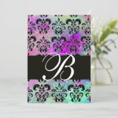 LILA AQUAMARINES AQUA BLUE BLACK DAMASK MONOGRAMM EINLADUNG (Stehend Vorderseite)