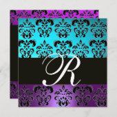 LILA AQUAMARINES BLUE TURQUOISCH DAMASK MONOGRAM EINLADUNG (Vorne/Hinten)