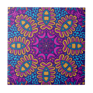Lila, Aquamarines, Orange & Gold Abstraktes Blumen Fliese