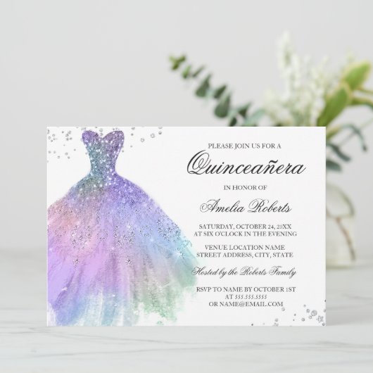 Lila Aquamarines Sparkle Dress Quinceanera Einladu Einladung (Stehend Vorderseite)