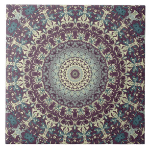 Lila Aquamarines und Creme Mandala Muster Fliese