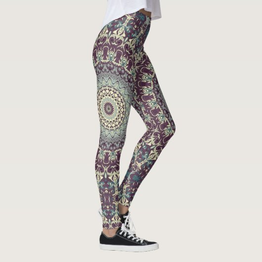 Lila Aquamarines und Creme Mandala Muster Leggings (Rechts)