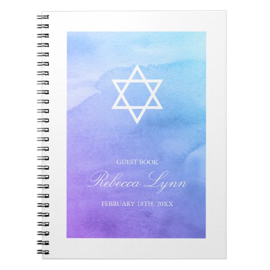 Lila Aquamarines Watercolor Bat Mitzvah Gästebuch Notizblock (Vorderseite)