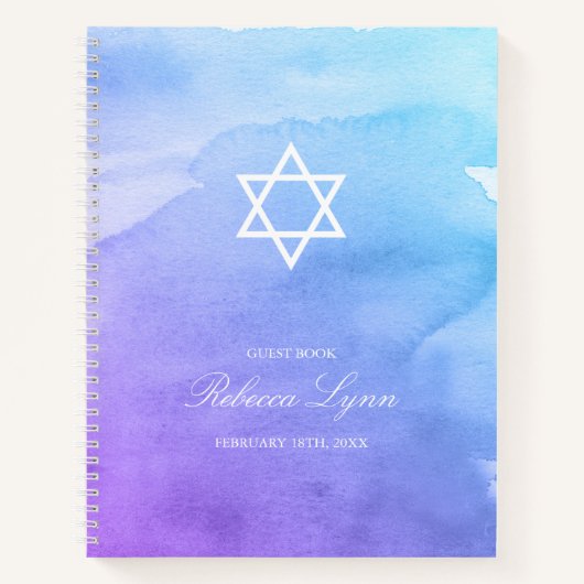 Lila Aquamarines Watercolor Bat Mitzvah Gästebuch Notizblock (Vorderseite)