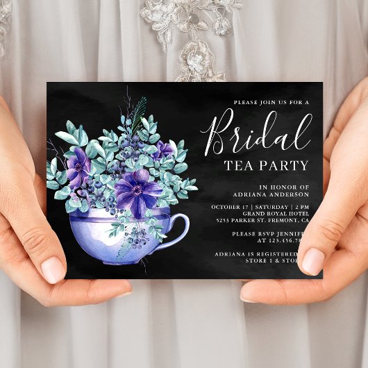 Lila Aquarell Anemones Black Bridal Tee Party Einladung