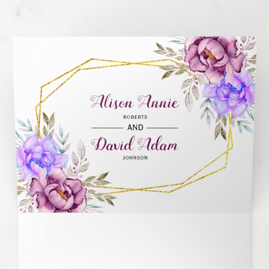 Lila Aquarell-Blume und Goldrahmen-Hochzeit Dreifach Gefaltete Einladung (Innen Erste Seite)