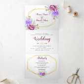 Lila Aquarell-Blume und Goldrahmen-Hochzeit Dreifach Gefaltete Einladung (Innenseite)