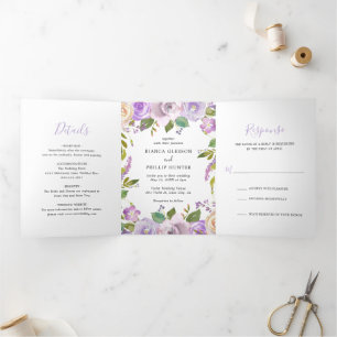 Lila-Aquarell-Blumen Elegante Hochzeit Dreifach Gefaltete Einladung