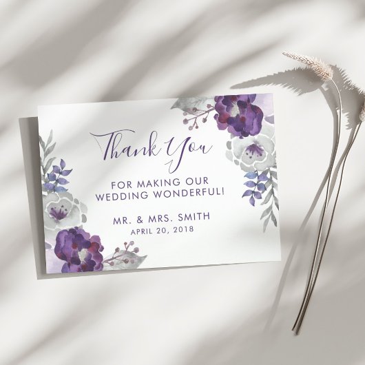 Lila Aquarell-Blumen-Hochzeit Danke