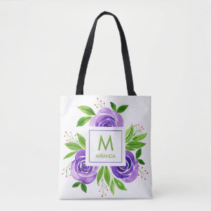 Lila Aquarell-Blumen-Monogramm personalisiert Tasche