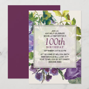 Lila Aquarell-Blumenranken 100. Geburtstag Einladung