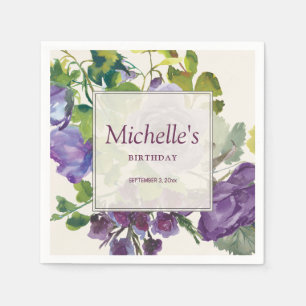Lila Aquarell-Blumenranken Geburtstagsname Datum Serviette