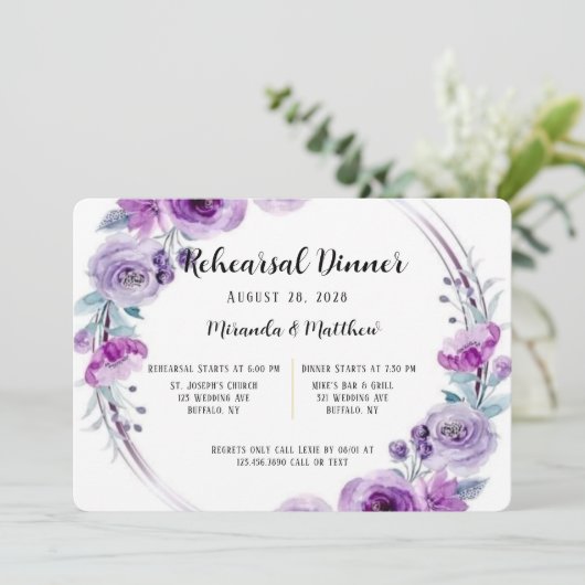 Lila Aquarell Blumenstrauß Probe Abendessen Einladung (Stehend Vorderseite)