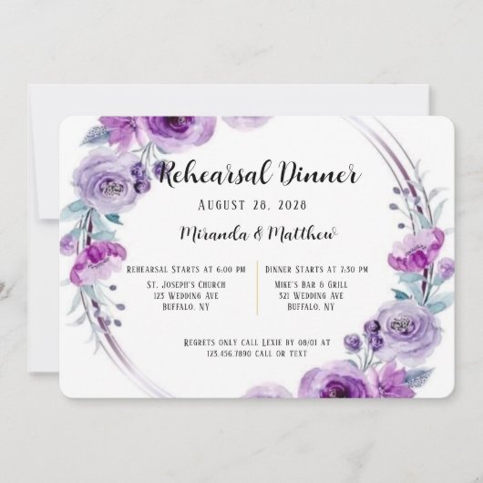 Lila Aquarell Blumenstrauß Probe Abendessen Einladung (Vorderseite)
