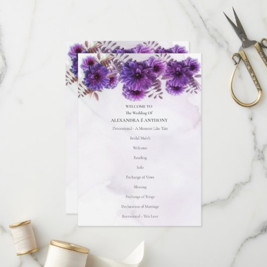 Lila Aquarell-Chrysanthemen-Hochzeit Programm (Vorderseite/Rückseite Beispiel)