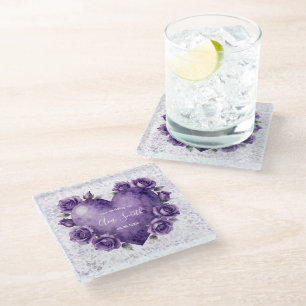 Lila Aquarell-Herz-und-Rosen-Hochzeit Glasuntersetzer