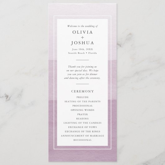 Lila Aquarell-Hochzeit Programm (Vorderseite)