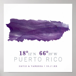 Lila Aquarell Puerto Rico Karten Koordinaten Poster