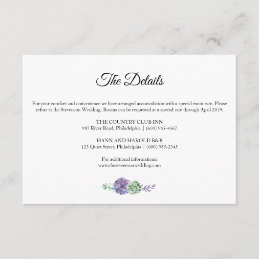 Lila Aquarellbilder Details Hochzeitssuite Begleitkarte (Vorderseite)