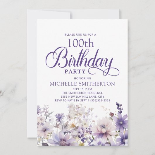 Lila Aquarellblume 100. Geburtstag Einladung (Vorderseite)