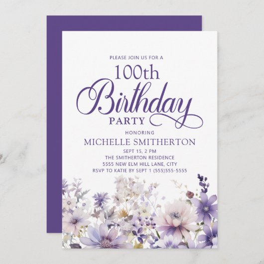 Lila Aquarellblume 100. Geburtstag Einladung (Vorne/Hinten)