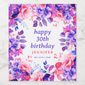 Lila Aquarellblume 30. Happy Birthday Weinetikett (Einzelnes Label)