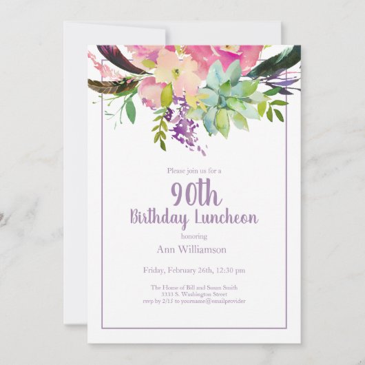 Lila Aquarellblume 90. Geburtstag Einladung (Vorderseite)