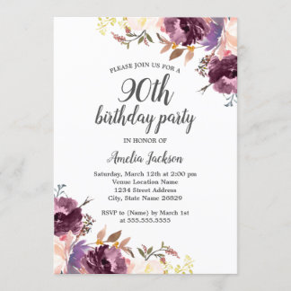 Lila Aquarellblume 90. Geburtstagsparty Einladung