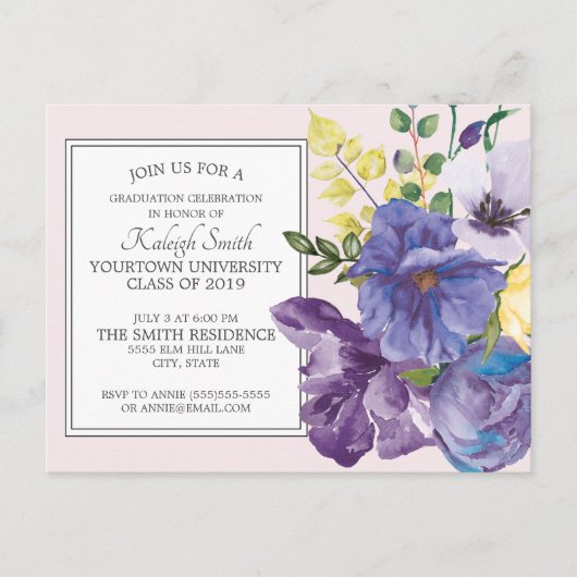 Lila Aquarellblume auf rosa Abitur Postkarte (Vorderseite)