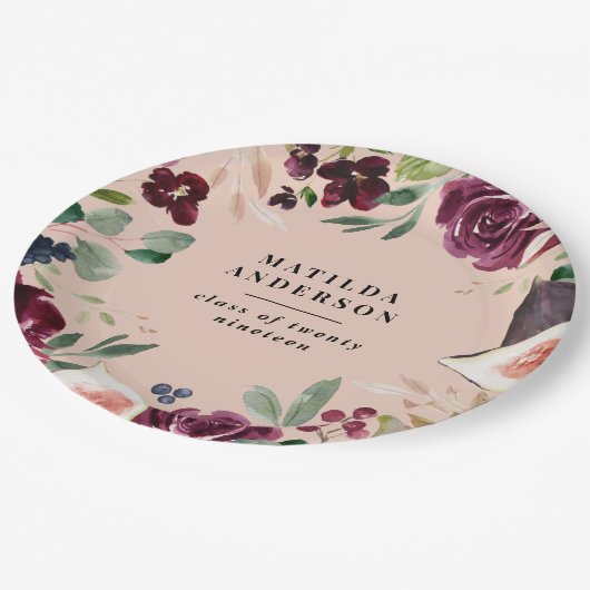 Lila Aquarellblume + Drehbuch Abschluss Pappteller (Schrägansicht)