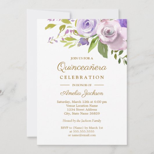 Lila Aquarellblume Quinceanera Einladung (Vorderseite)