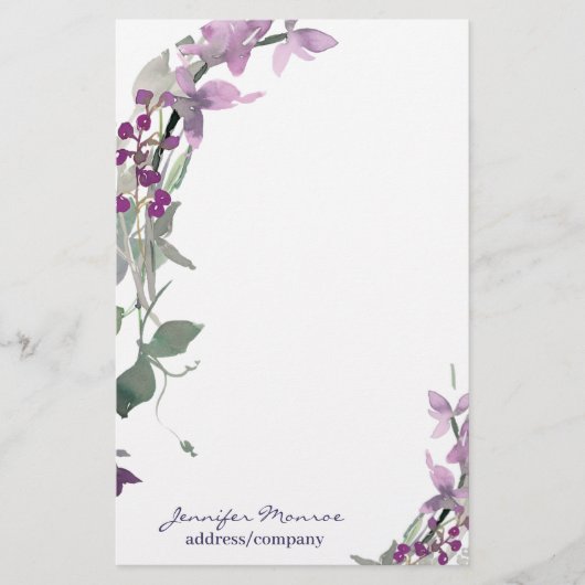 Lila Aquarellblumen personalisiert Briefpapier (Vorderseite)