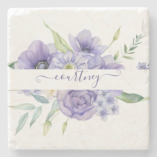 Lila Aquarellblumen personalisiert Steinuntersetzer (Vorderseite)