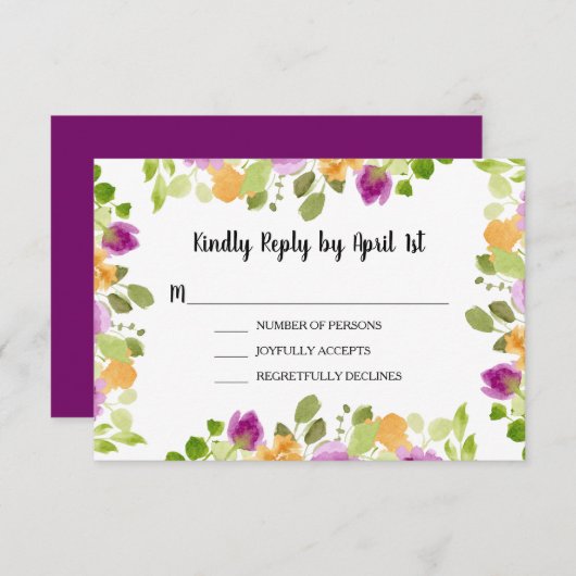 Lila Aquarellblüten Hochzeitsempfang Begleitkarte (Vorne/Hinten)