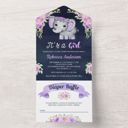 Lila Aquarellblütendusche All In One Einladung (Innen Boden)