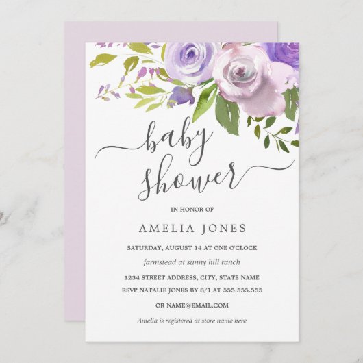Lila Aquarellblütendusche Einladung (Vorne/Hinten)