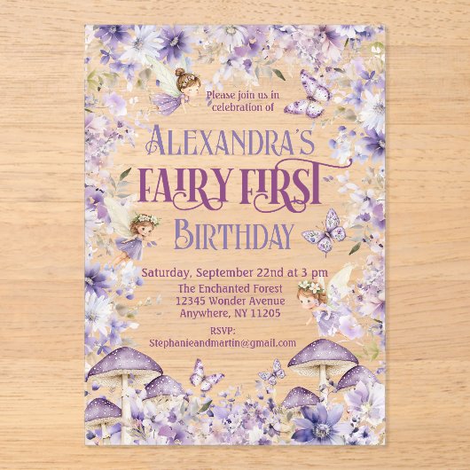Lila Aquarellblütenmärsche Erster Geburtstag Acryleinladungen (Vorderseite)