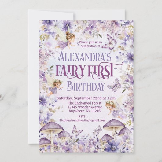 Lila Aquarellblütenmärsche Erster Geburtstag Einladung (Vorderseite)