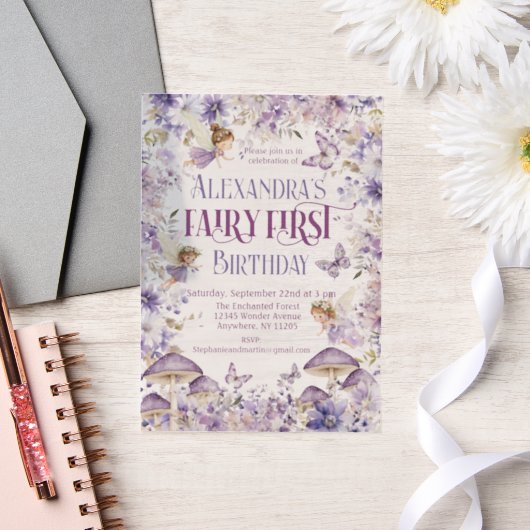 Lila Aquarellblütenmärsche Erster Geburtstag Pergament Einladungen (Hochzeit)