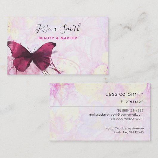 Lila Aquarellbutterfly auf Rosa und Gelb Visitenkarte (Vorne/Hinten)
